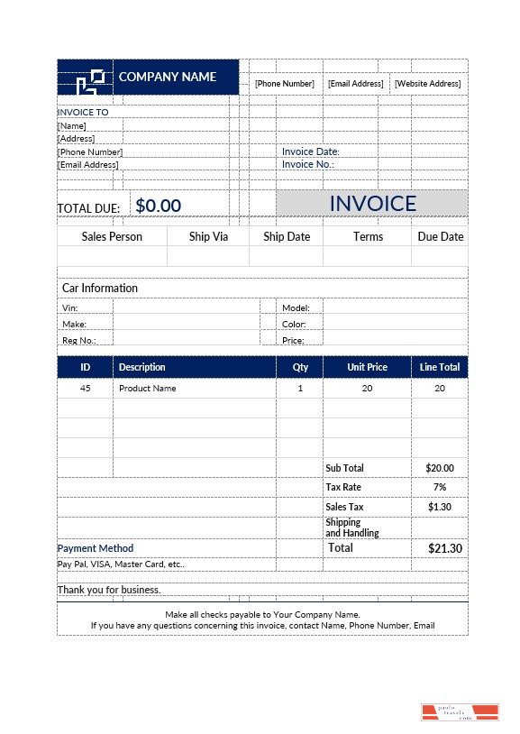 Car Sales Invoice Template PSD template